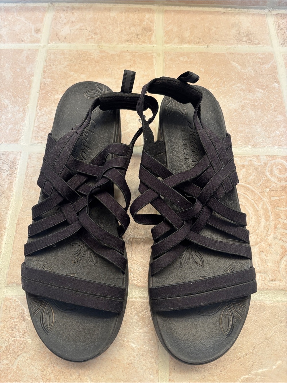 Skechers Women’s Black Multi-Strap Elastic Slide Sandals